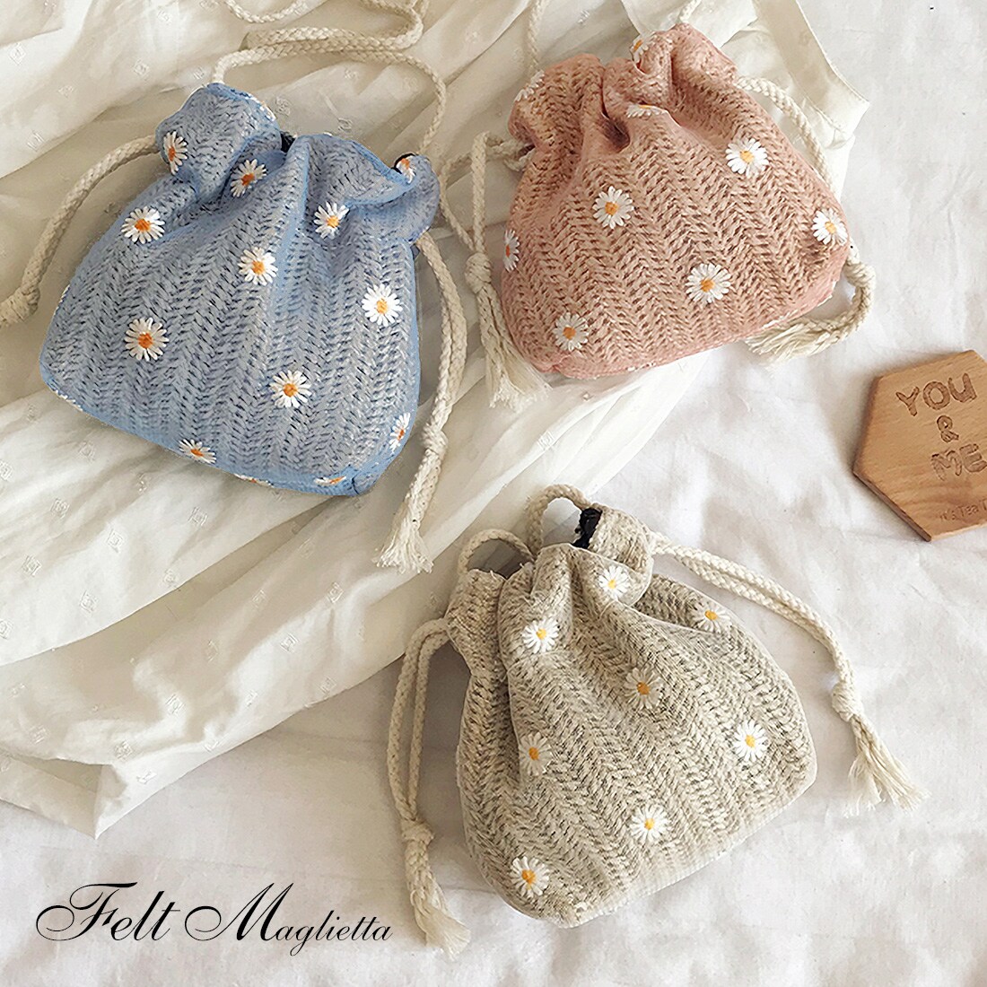 フ*ク様 ウォールナッツ×マーガレット刺繍 ダブルフリル巾着バッグ☆ マーガレットチュールミニ巾着ショルダー | フェルトマリエッタ(Felt