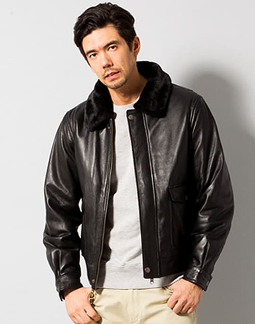 LIUGOO ZERO WASTE 本革 リブ付 レザーブルゾン メンズ WNG16A