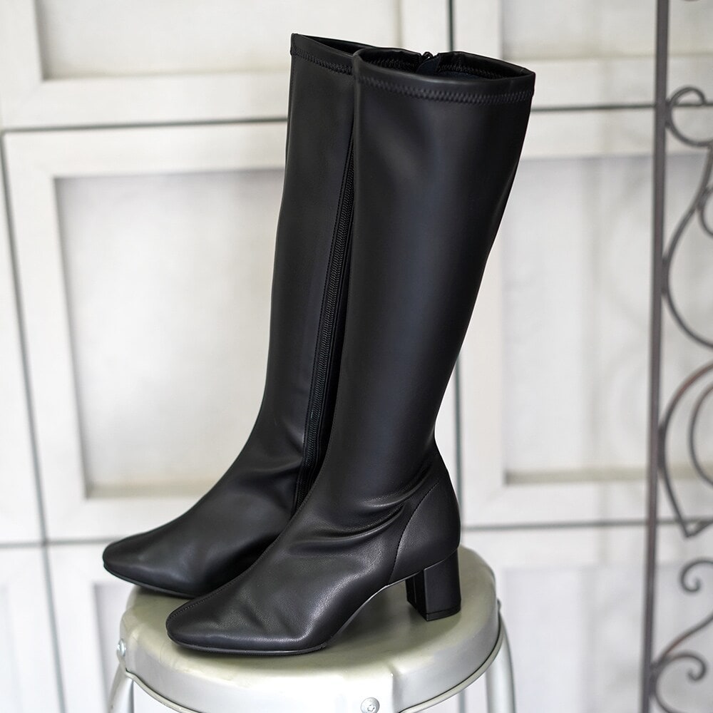 トゥクン tukn. ロングブーツ 撥水 インヒール　　☆ 試着のみ 晴雨兼用】防水 ロングブーツ インヒール ふくらはぎゆったりめの設計