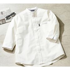 【ダンロップ】リネンライクバンドカラー７分袖シャツ