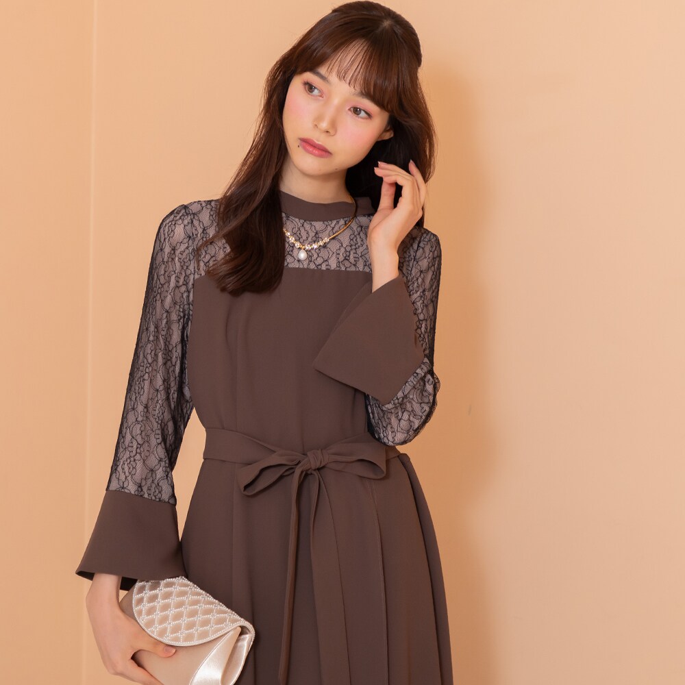 ゼクシィ掲載》スタンドカラー スリットワンピース+プリーツスカート