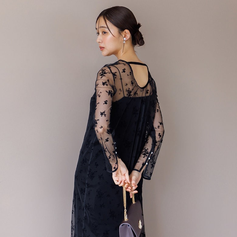 kaene】シアーレース パイピングドレス/結婚式/パーティー