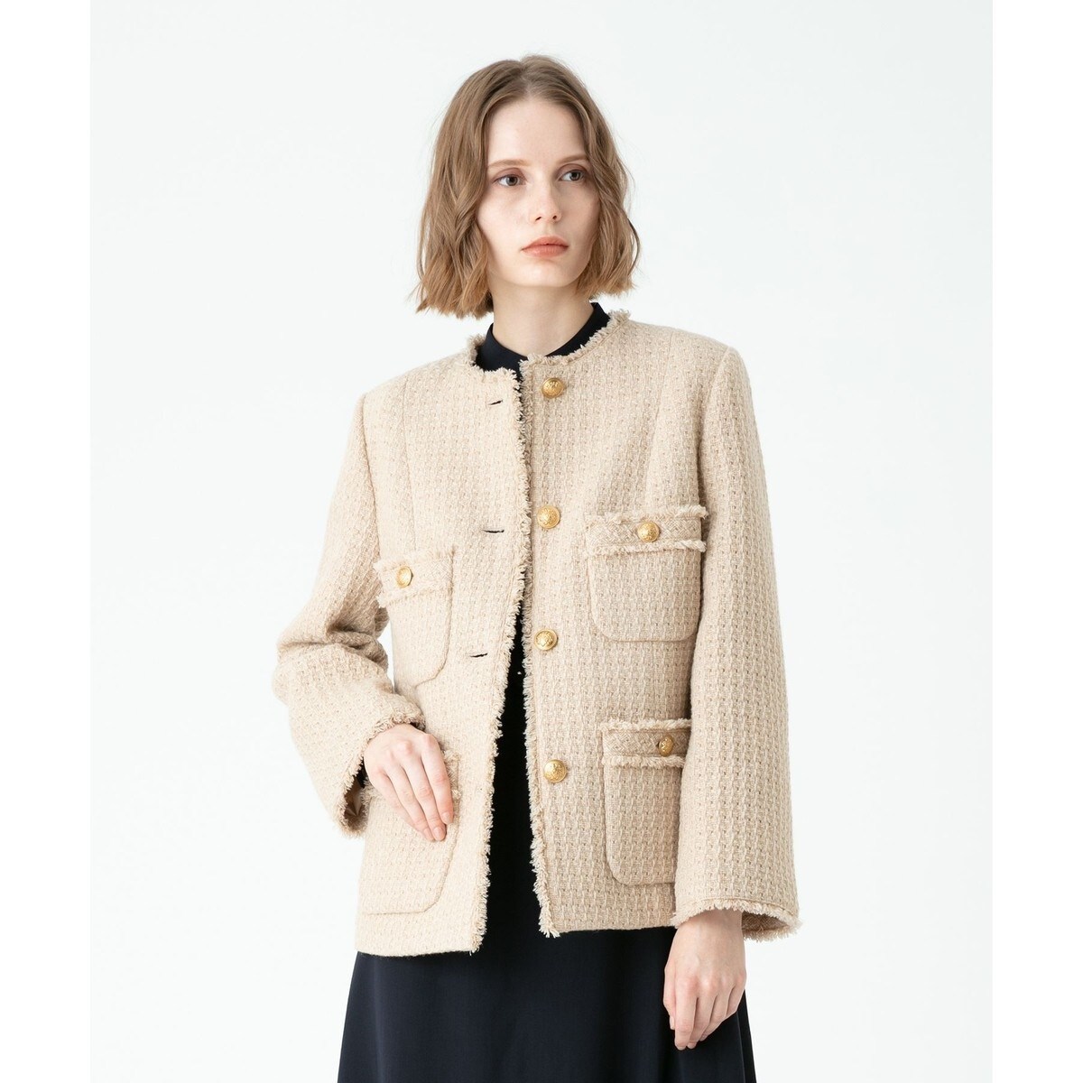 【美品】allureville ロービングツイードショートコート　ブラック ロービングツイードショートコート | アルアバイル(allureville
