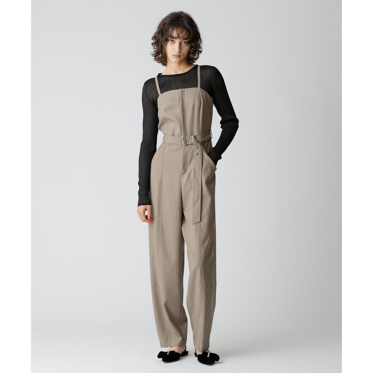 美品✨アルアバイル オールインワン サロペット ベルト グレー ワイド マキシ セール】 Vネックオールインワン （サロペット・オールインワン