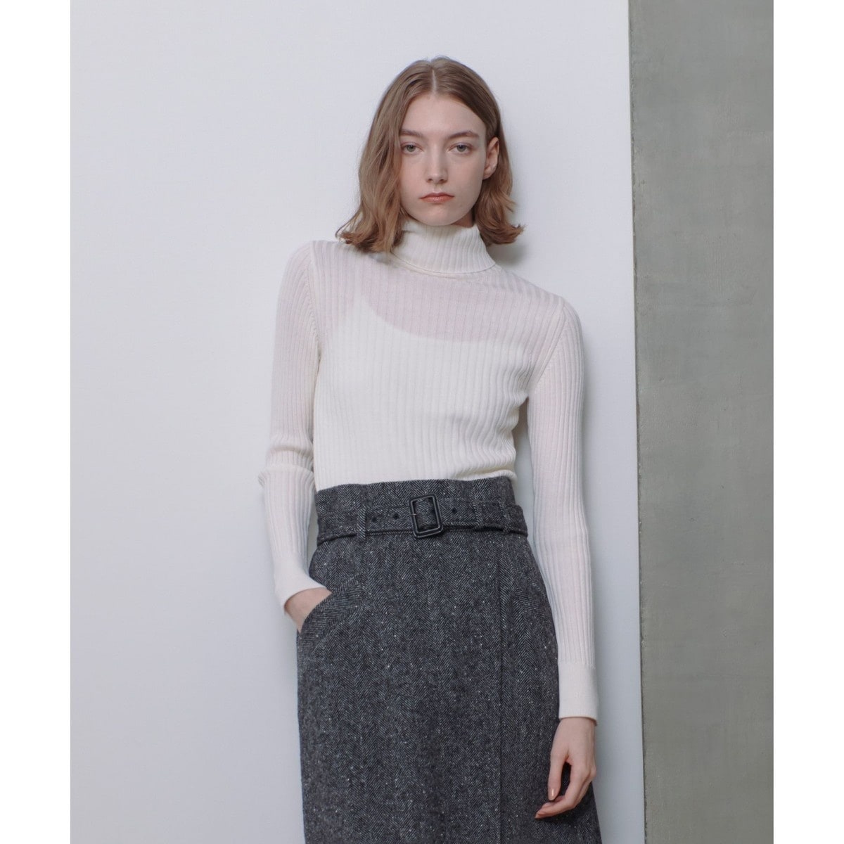 アルアバイル23年釦ディティールタートルリブニット前後2way毛100%