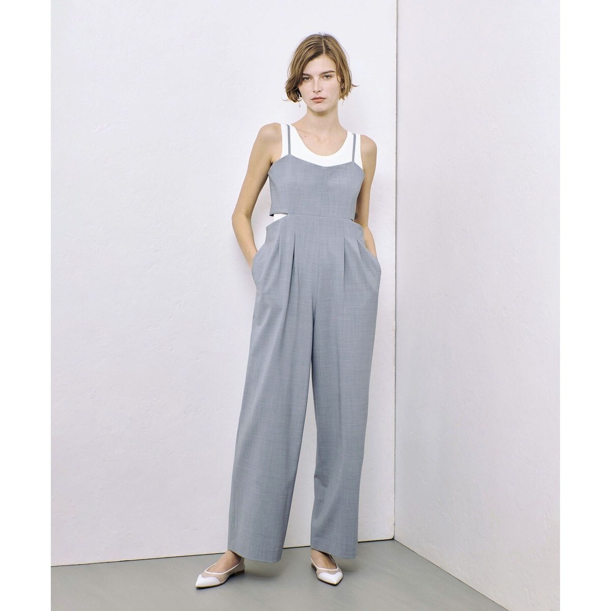 美品✨アルアバイル オールインワン サロペット ベルト グレー ワイド マキシ セール】 Vネックオールインワン （サロペット・オールインワン