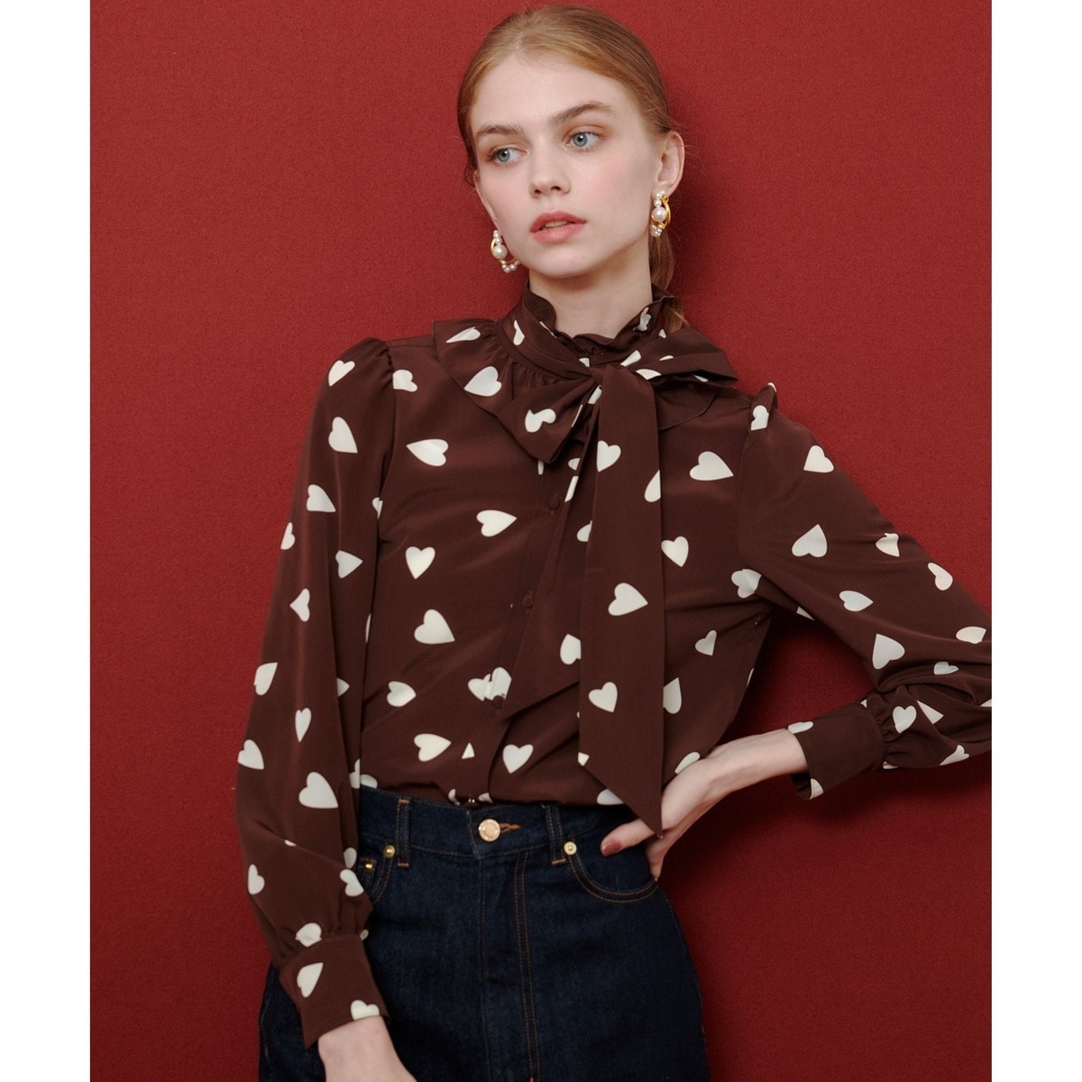 ルルウィルビー Louｌou Willoughby 長袖 ボウタイブラウス WEB限定【LOULOU WILLOUGHBY】デシンハートプリントボウタイ