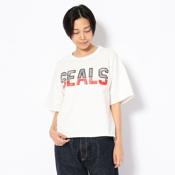 ドロップショルダーメッシュロゴティーシャツ／DROP