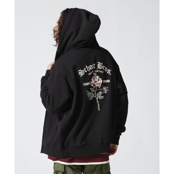 Schott パーカー ブラック S フルジッパー ロゴ イラスト プリント
