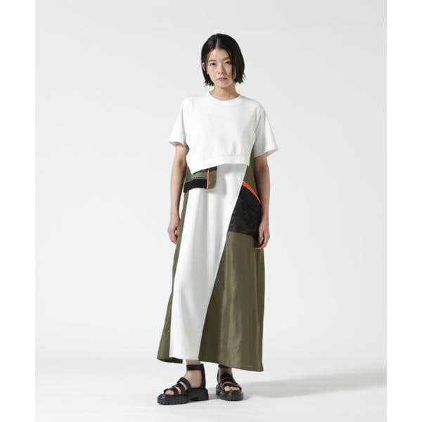 RISLEYリズレイ☆異素材ドッキング 半袖ワンピース カーキ×ブラック美品 Risley(リズレー) レイヤードワンピース | ビーセカンド(B'2nd