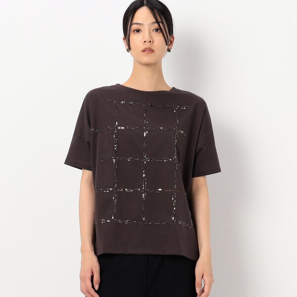 ギャバジンケーティー プレーティング天竺 チェック柄刺繍 プルオーバー Tシャツ ＋サイズ〕【洗える】プレーティング天竺 チェック柄刺繍プルオーバー