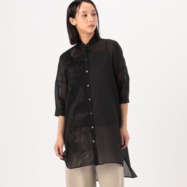 ラミーコットンエンブロイダリー シアー刺繍のロングシャツ