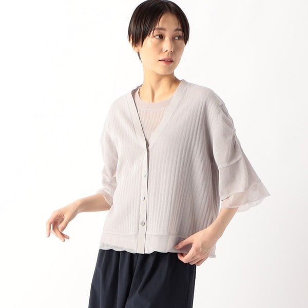 Sサイズ 〕 ストライプ調シアーニット ベルスリーブシアーカーディガン