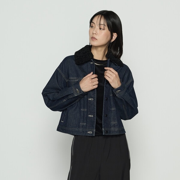 10.5オンス空紡デニム フェイクファー襟付きデニムジャケット | K.T