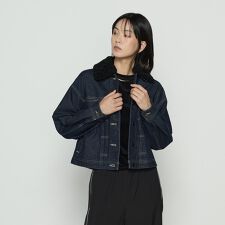 10.5オンス空紡デニム フェイクファー襟付きデニムジャケット