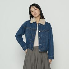 10.5オンス空紡デニム フェイクファー襟付きデニムジャケット