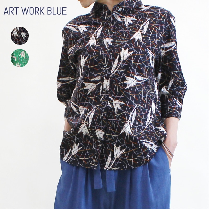 ART WORK BLUE / リバティプリント PICK UP STICKS 丸衿7分袖ブラウス