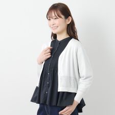 【コットンシルク混／7分袖】透かし編みVネックカーディガン
