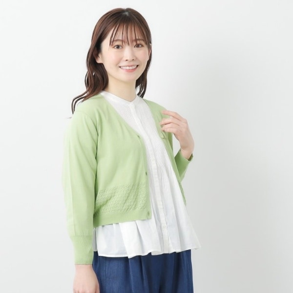 LAURA ASHLEY / ローラ アシュレイ 【コットンシルク混／7分袖】透かし編みVネックカーディガン コットンシルク混／7分袖】透かし編みVネックカーディガン