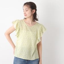 【コットン100％／洗える／同柄アイテムあり】ハーゲート リーブス柄 フリルブラウス