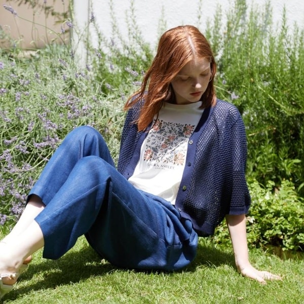 ローラアシュレイLAURA ASHLEY★M/9★七分袖コットンTシャツ襟刺繍 襟刺繍】ラウンドカラーブラウス（2002352289