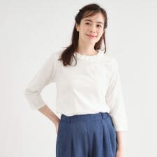 【人気デザイン！7分袖／日本製コットン100％】シフォンフリルネック カットソー