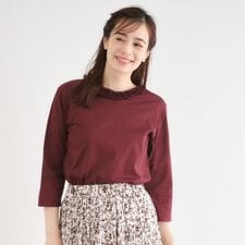 【人気デザイン！7分袖／日本製コットン100％】シフォンフリルネック カットソー