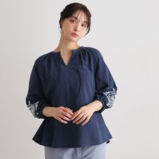 【コットン100％／7分袖／4colors】フォスコット ダマスク柄 刺繍ブラウス