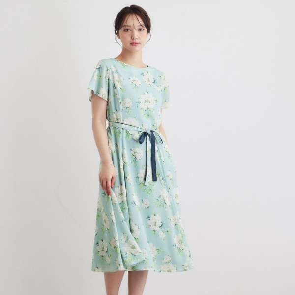 未使用級　ローラアシュレイ　ワンピース　花柄　リボン　さらさら素材✨　ブルー✨ 2WAYウエストリボン／洗える／総裏付き】ウィズリー柄ワンピース