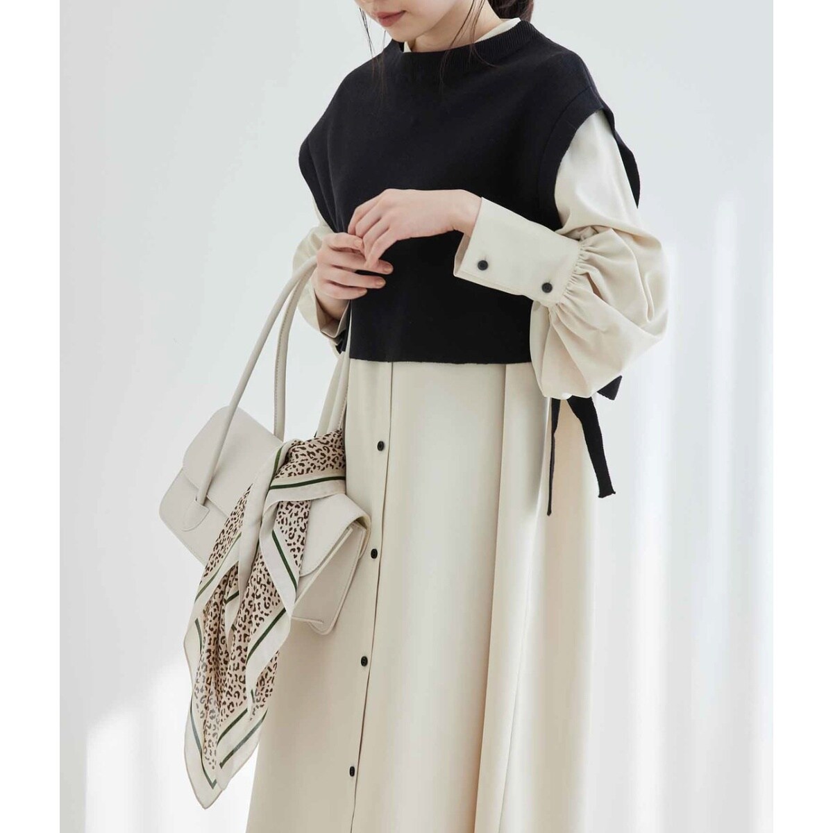 2点セット ベスト × 切り替え ワンピース ベルト 3色 hr1704 RUIRUE BOUTIQUE マルチサイズ ワンピース ベルト付きバイカラー