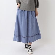 綿麻 前開き風 刺繍入りスカート
