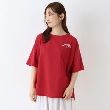 コットン天竺 花刺繍入り5分袖プルオーバー