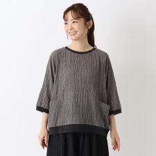 チェック柄 リブ付きラグラン7分袖ブラウス