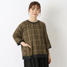 チェック柄 リブ付きラグラン7分袖ブラウス