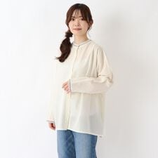 綿麻スタンドカラー 刺繍入りブラウス