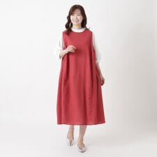 綿麻 サイドギャザー ノースリーブワンピース