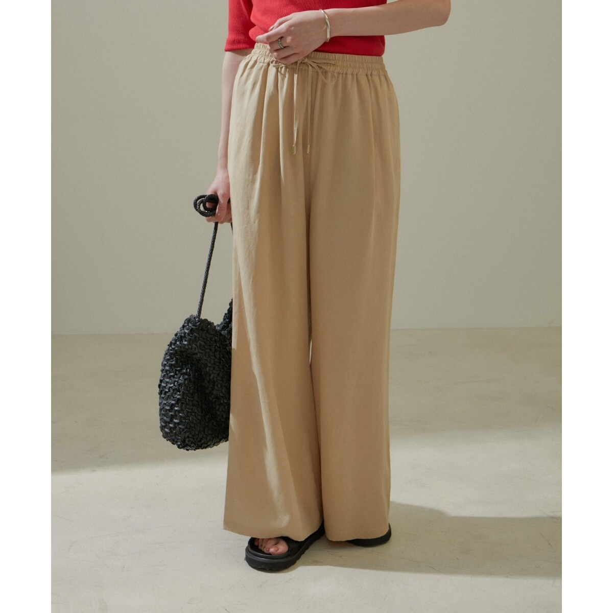 マックスマーラ 麻混ワイドクロップドパンツ キャメル｜ファッション 