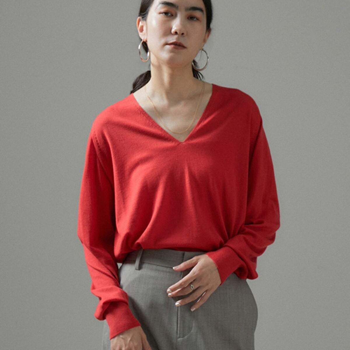 オーガニックコットンスムースVネックプルオーバー オーガニックコットンスムースVネックプルオーバー洗える／サロン