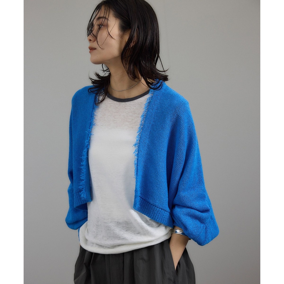 ペーパーヤーンクロップドカーディガン/ボレロ［吸水速乾・洗える］