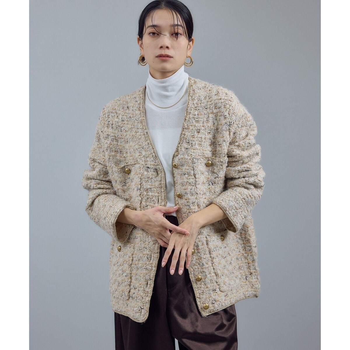 サロンアダムエロペ　ツイードニットVネックジャケット ツイードニットVネックジャケット（カーディガン/ボレロ）｜SALON adam