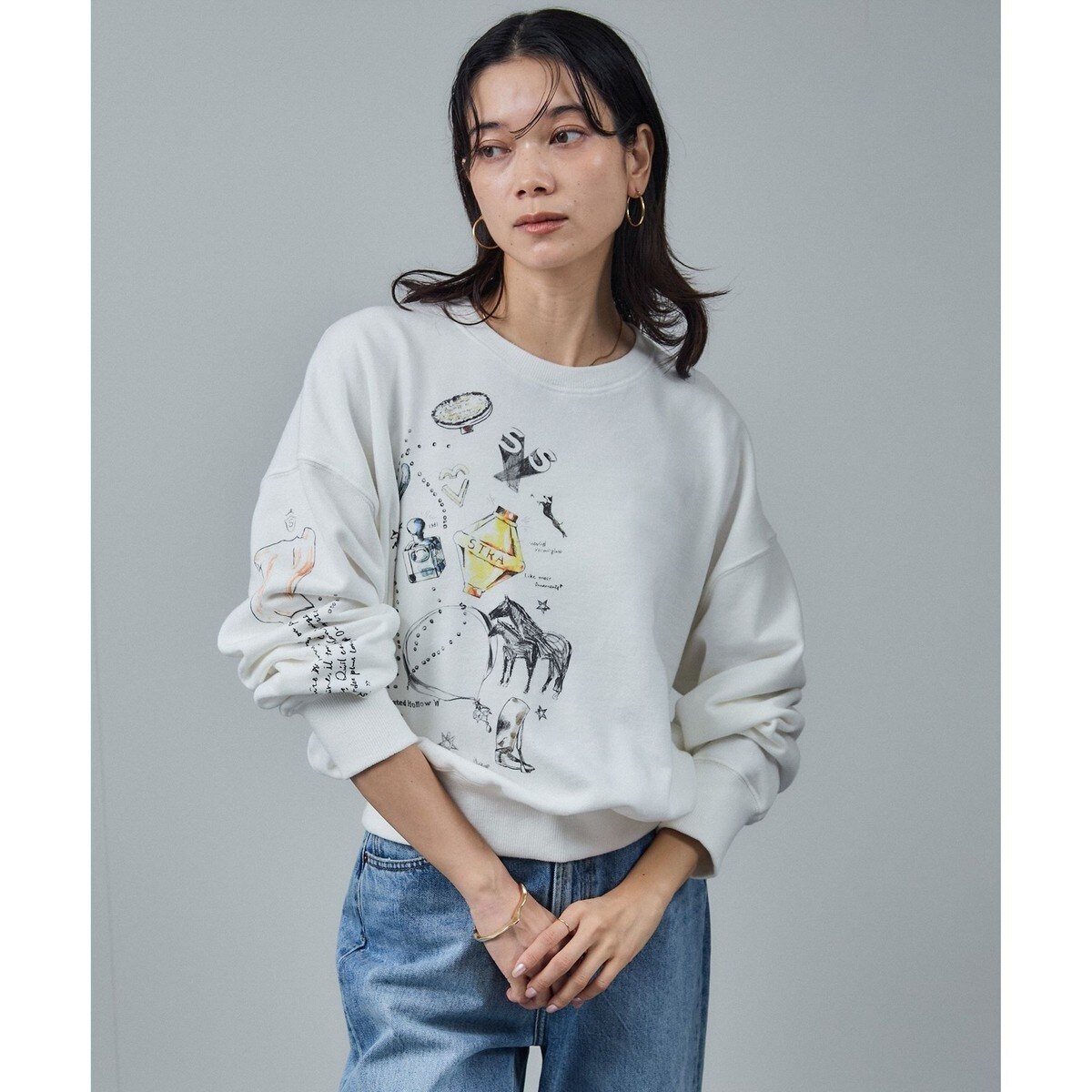 【新品】サロンアダムロペ　アズマ裏毛スケッチプリントスウェット SALON adam et rope'（サロン アダム エ ロペ）の「アズマ裏毛スケッチ