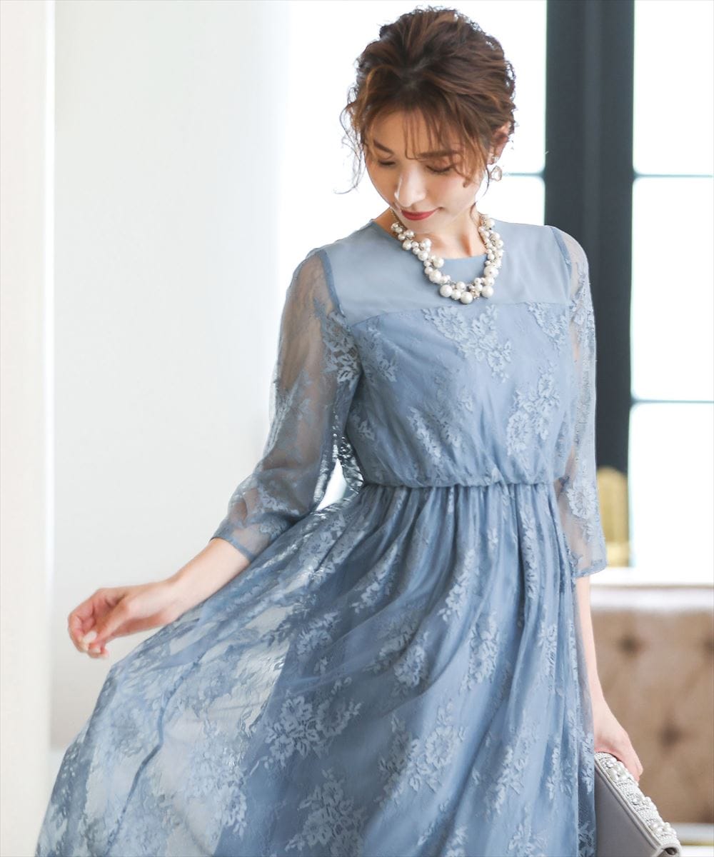 niana パーティードレス　LL niana ドレス スクエア切替デザイン刺繍レースパーティードレス