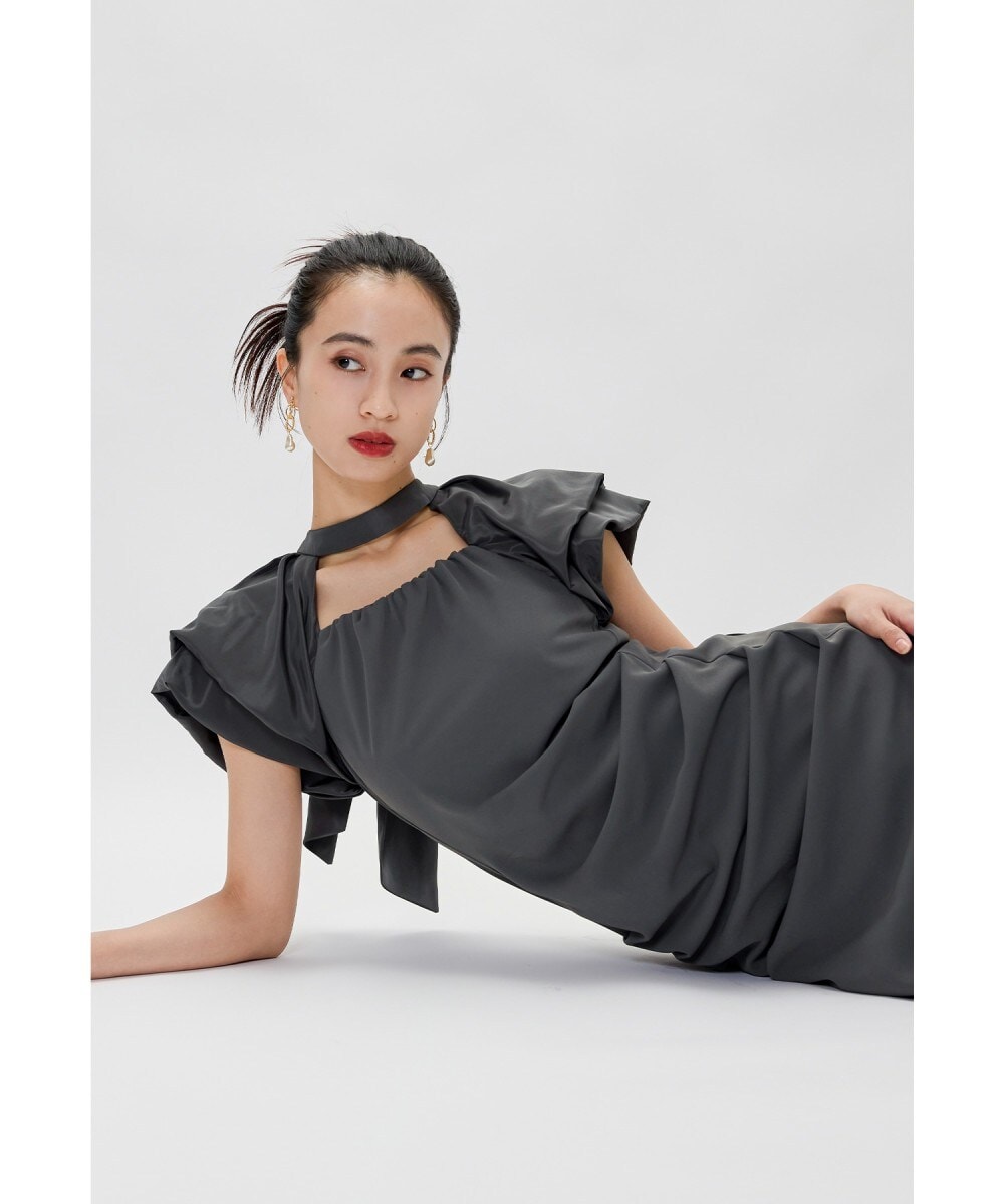 niana ビスチェミモレ丈＆袖ありセレモニーフォーマル ダークカーキ　XL ニアナ niana ビスチェ風ハイネックレース結婚式ワンピース