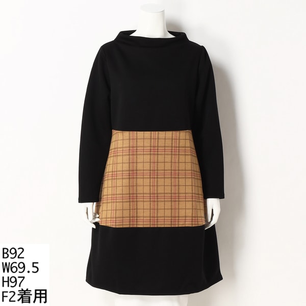 クインティ/【大きいサイズ】ボトルネックチェック切り替えコクーンチュニックワンピース 大きいサイズ】ボトルネックチェック切り替えコクーンチュニック