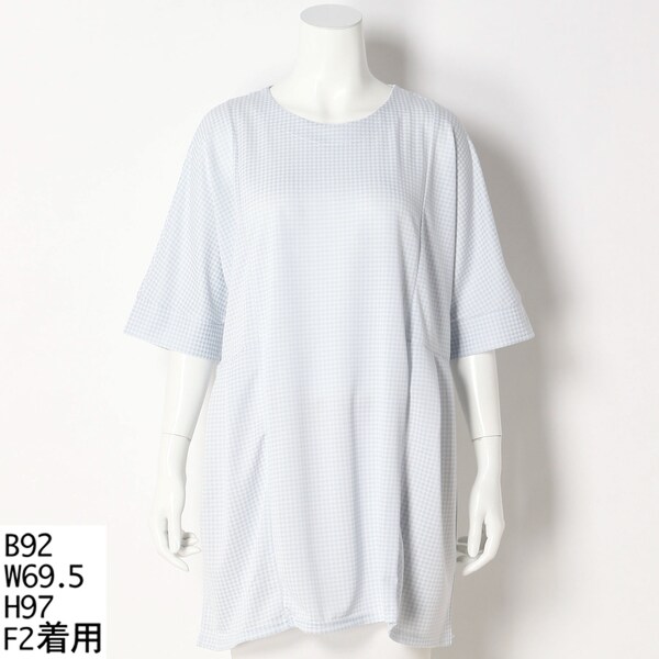 【大きいサイズレデイ―ス】ギンガムチェックジャガード切り替えタックチュニック【日本製】