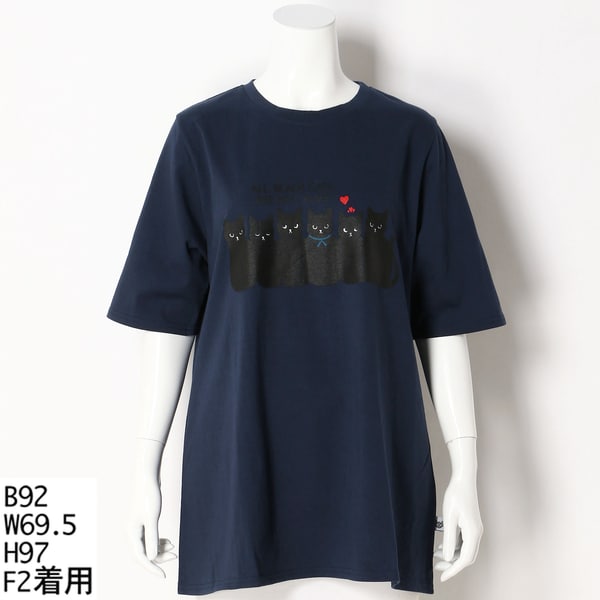 【大きいサイズレディース】神保町にゃんこ堂コラボ6匹の黒猫柄Tシャツ★猫 大きいサイズレディース】神保町にゃんこ堂コラボ6匹の黒猫柄T