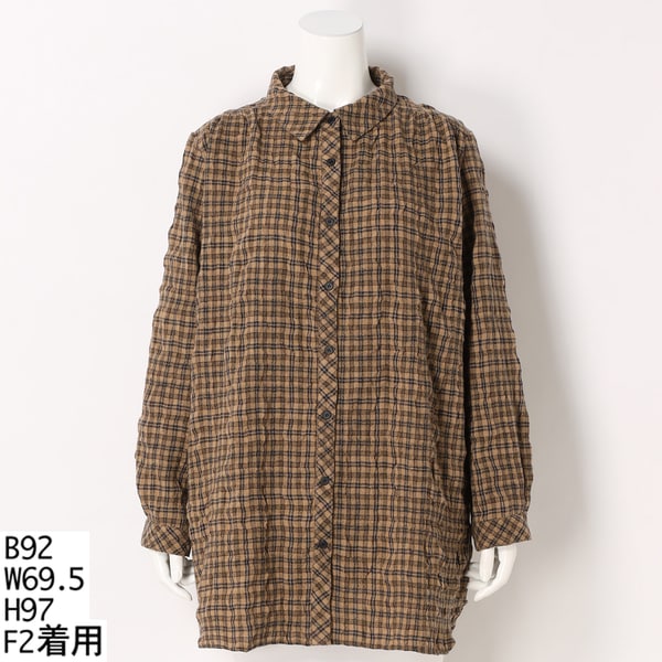 クインティ（QUINTY）/【大きいサイズレディース】ワッシャーチェックウールコットンロングシャツ【日本製】 大きいサイズレディース】ワッシャーチェックウールコットンロング