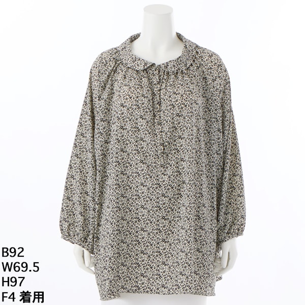 クインティ（QUINTY）/【大きいサイズレデイ?ス】アンティークフラワーデシンプリント丸襟ブラウスチュニック【日本製】 大きいサイズレデイ―ス】アンティークフラワーデシンプリント丸襟