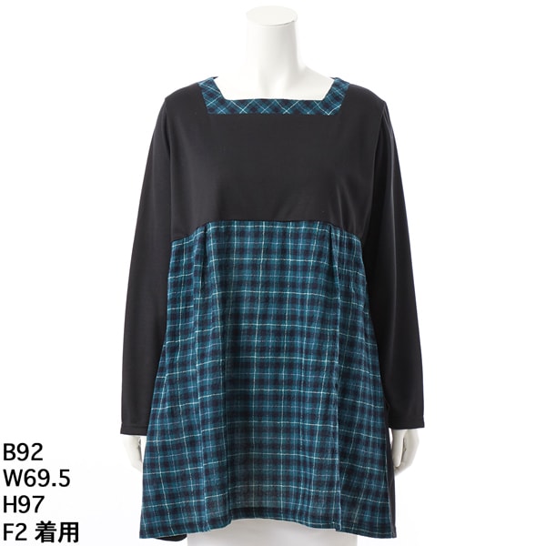 ターシャルビー（Tasha Ruby）/【大きいサイズレディース】スクエアネックウールガーゼチェック＆ポンチ切り替えチュニック【日本製】 大きいサイズレディース】スクエアネックウールガーゼチェック＆ポンチ