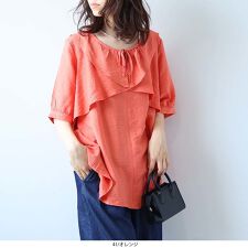 【leswel】【Ｌ～５Ｌ】リネンライクラッフルフリルブラウス